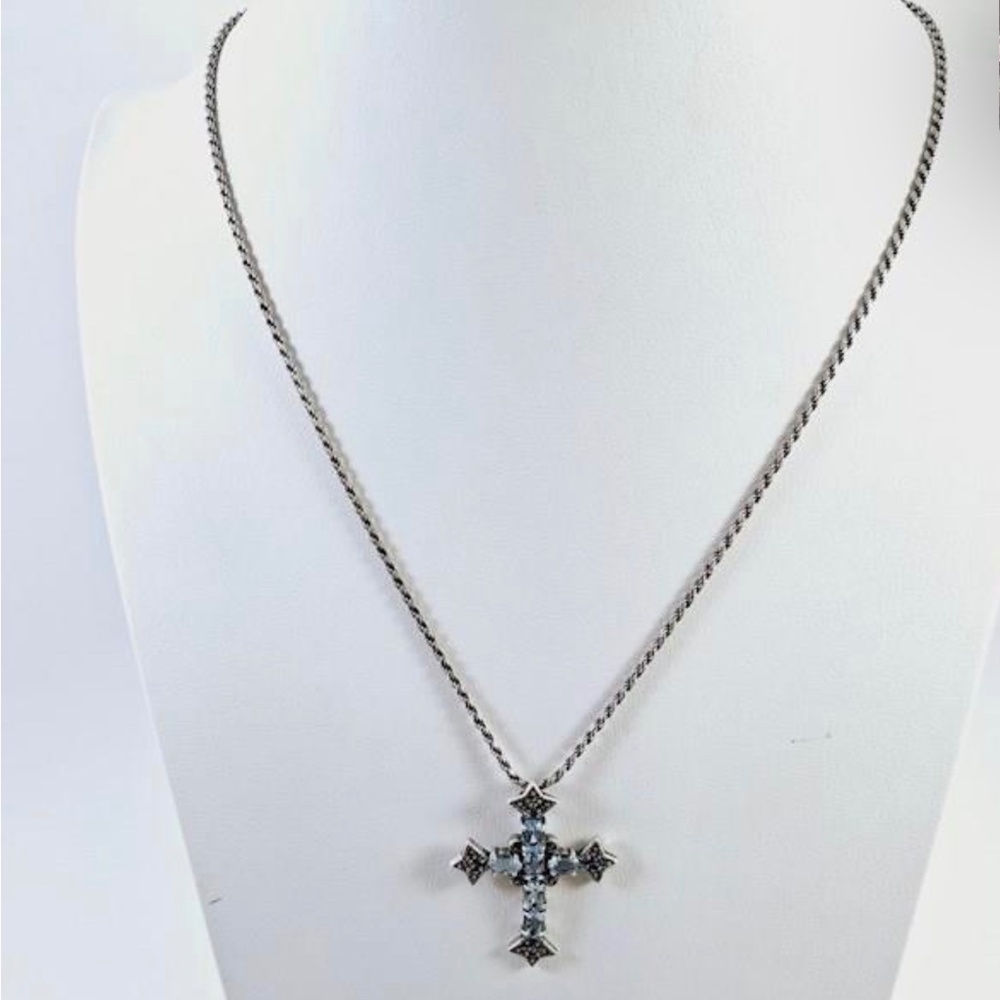 18" Sterling Silver Blue Topaz & Marcasite Cross Pendant Necklace